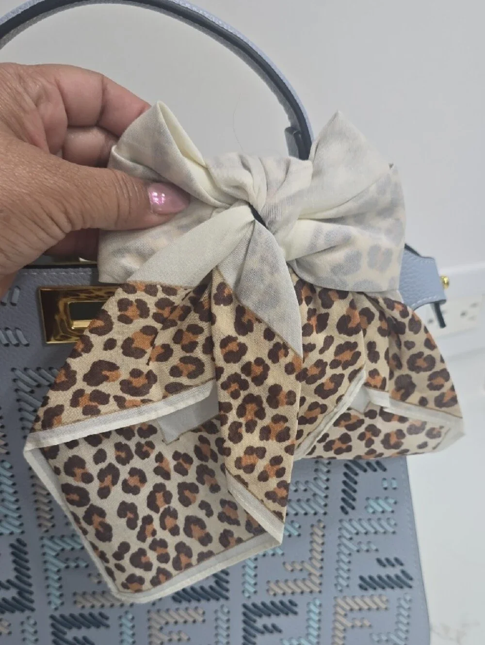 Leopard Print Bow Scarf - Cream and Brown